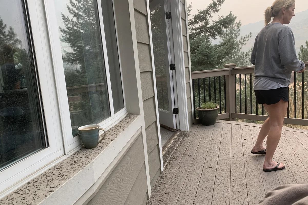 Wildfire ash on the deck of a wooded Colorado home