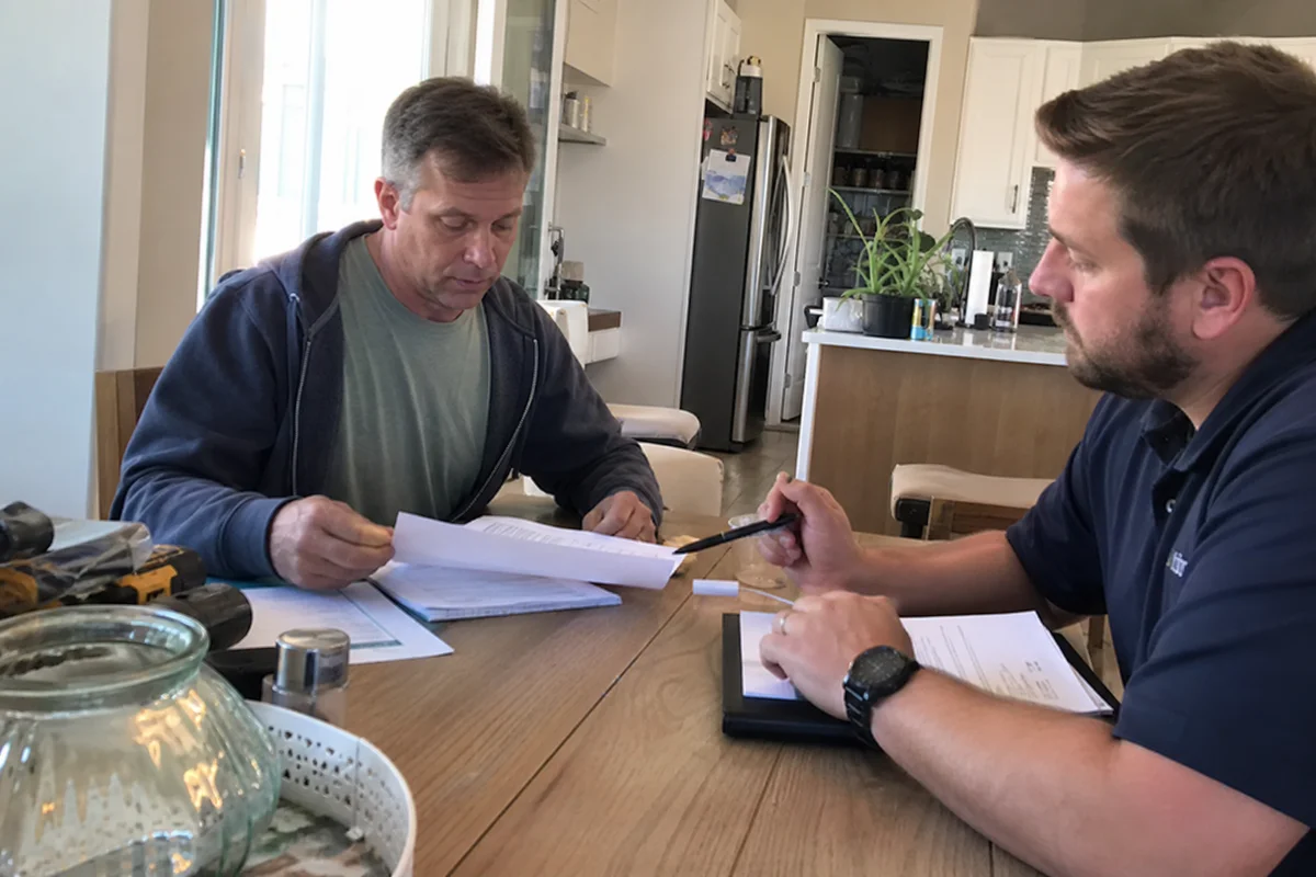 Homeowner reviewing an insurance policy with an adjuster