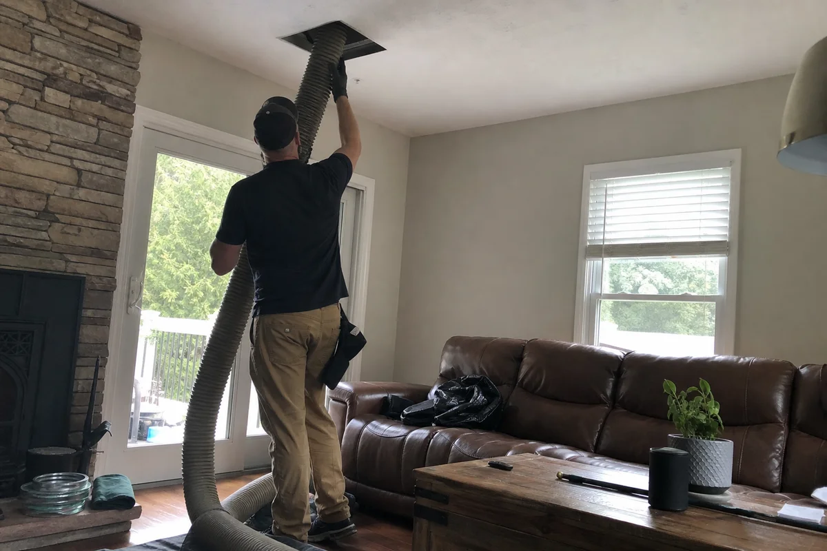HVAC tech cleaning soot-contaminated ductwork