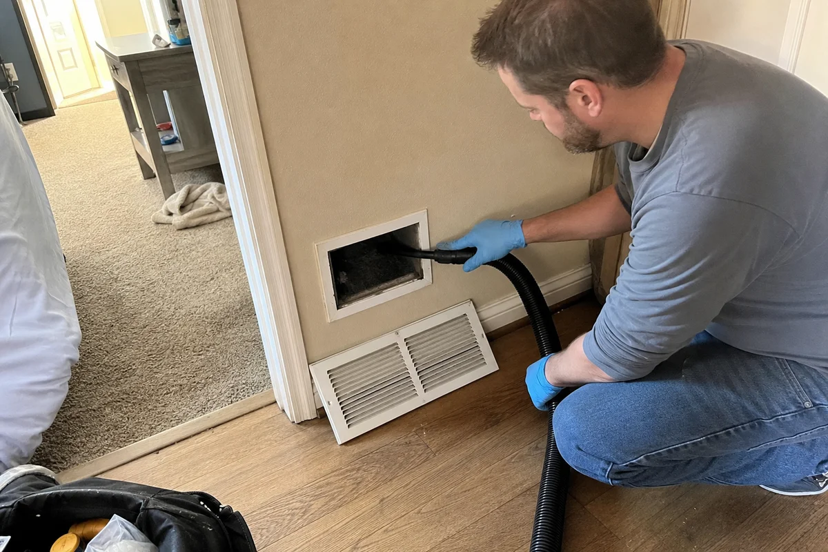 Technician inspecting HVAC vent for contamination