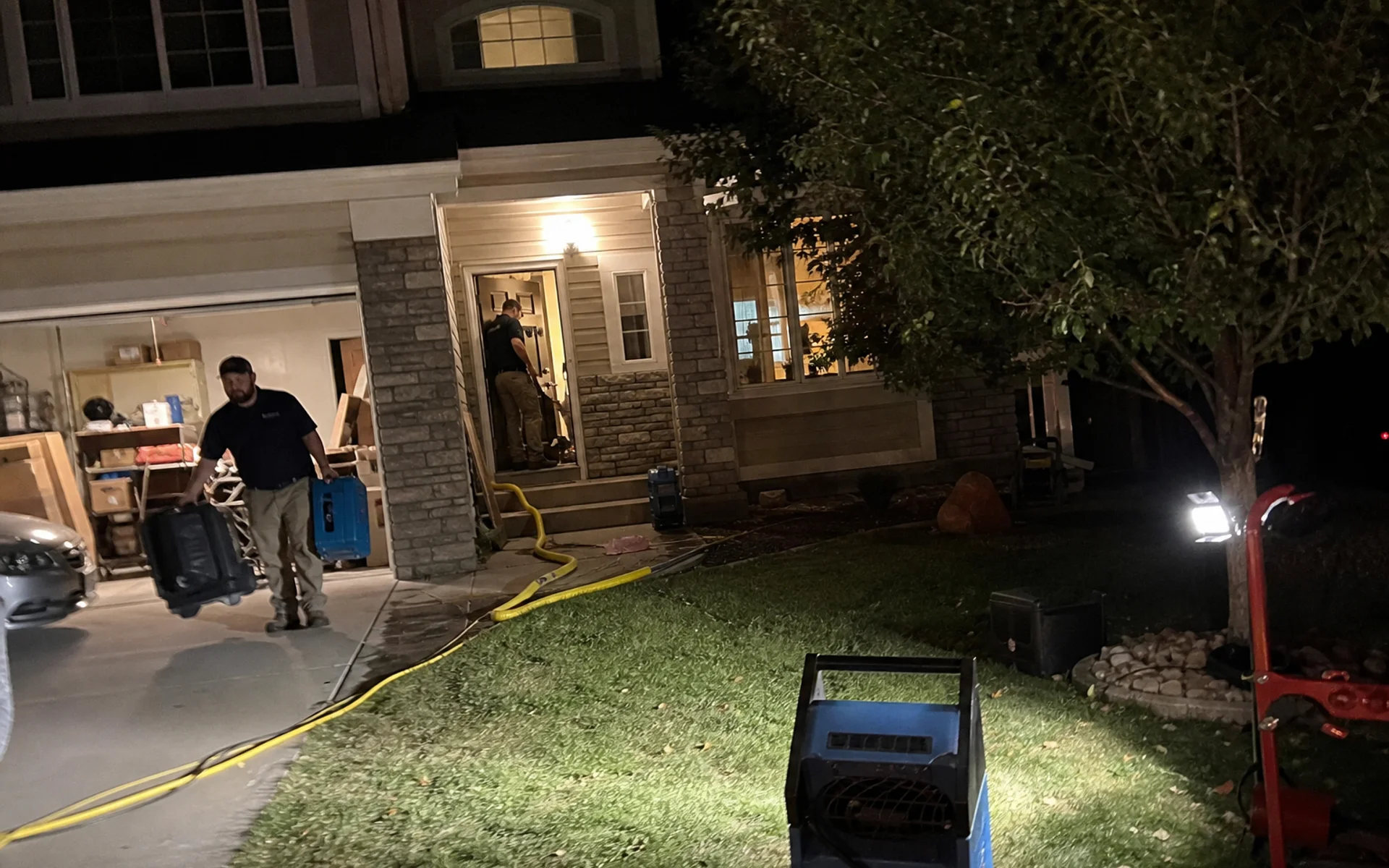 Restoration crew arriving in Parker at night