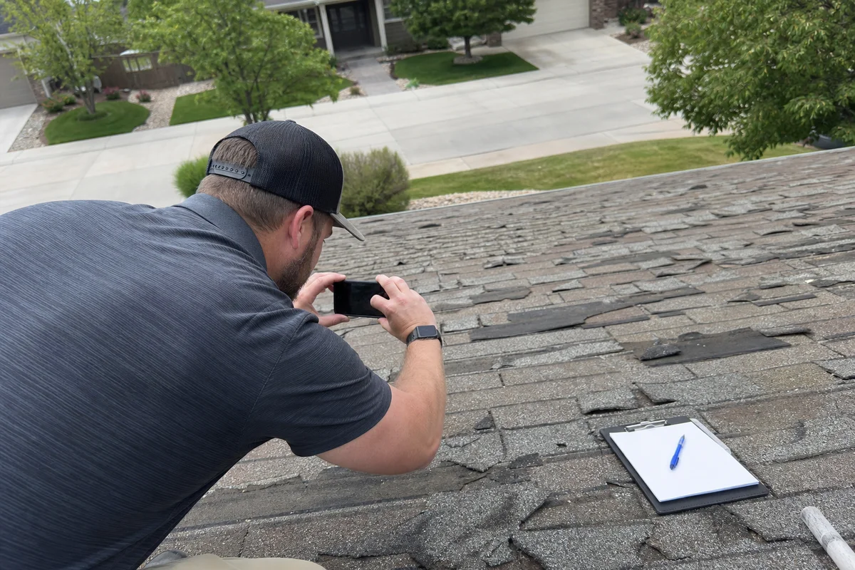 Adjuster photographing storm-damaged roof for claim