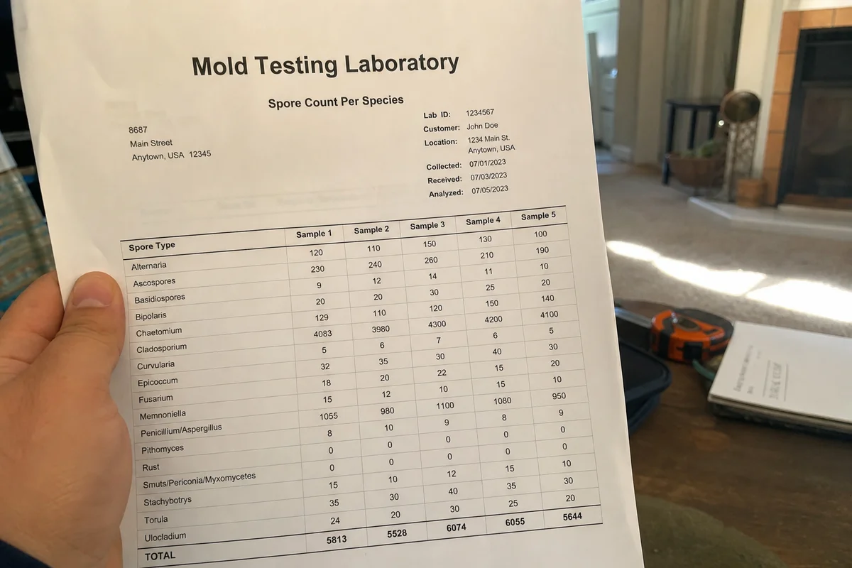 Mold test laboratory report with spore counts