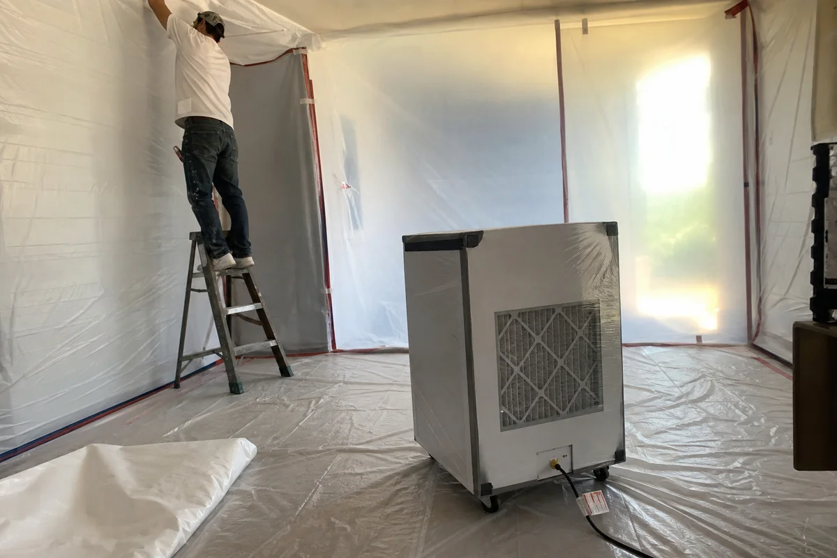 Negative air HEPA scrubber inside mold containment