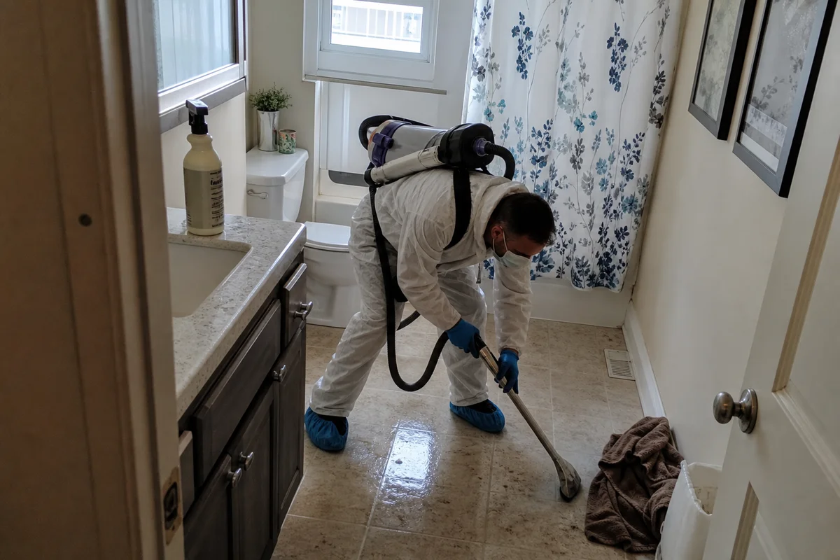 Technician sanitizing contaminated bathroom after sewage backup