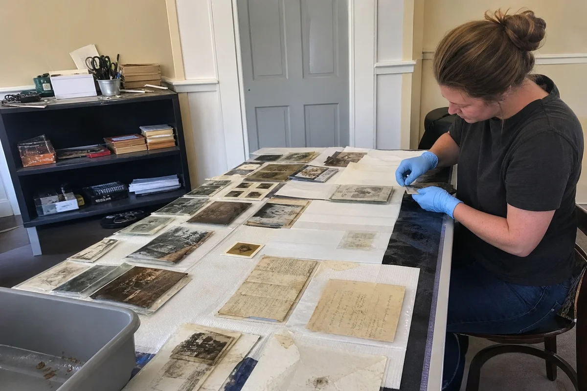 Water-damaged photos laid out for freeze-drying